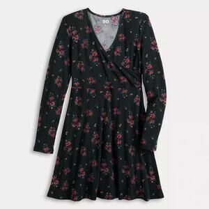 Kohl's Juniors' SO Black With Pink Flowers Wrap Bodice Skater Dress Org $38, 1X‎